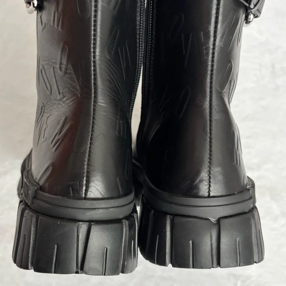 LOVE MOSCHINO Black Leather Moto Biker Boots--NEW--7 - Picture 8 of 15